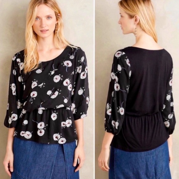 Anthropologie Deletta Black Wished Blooms Crewneck Open 3/4 Sleeve Blouse Top - Picture 2 of 9